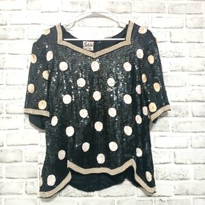 Vintage 80s/90s Sarin Silk Sequined And Beaded Polkadot Top Large